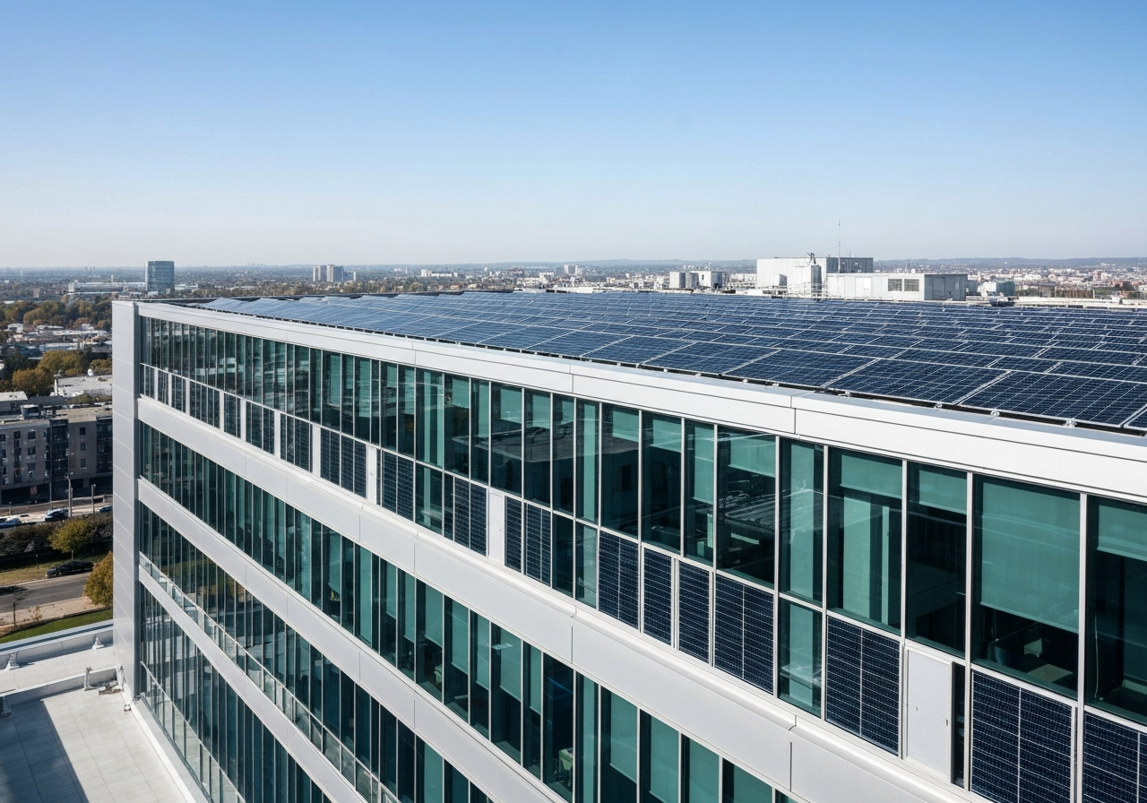 Commercial rooftop solar array installation on a modern office building
