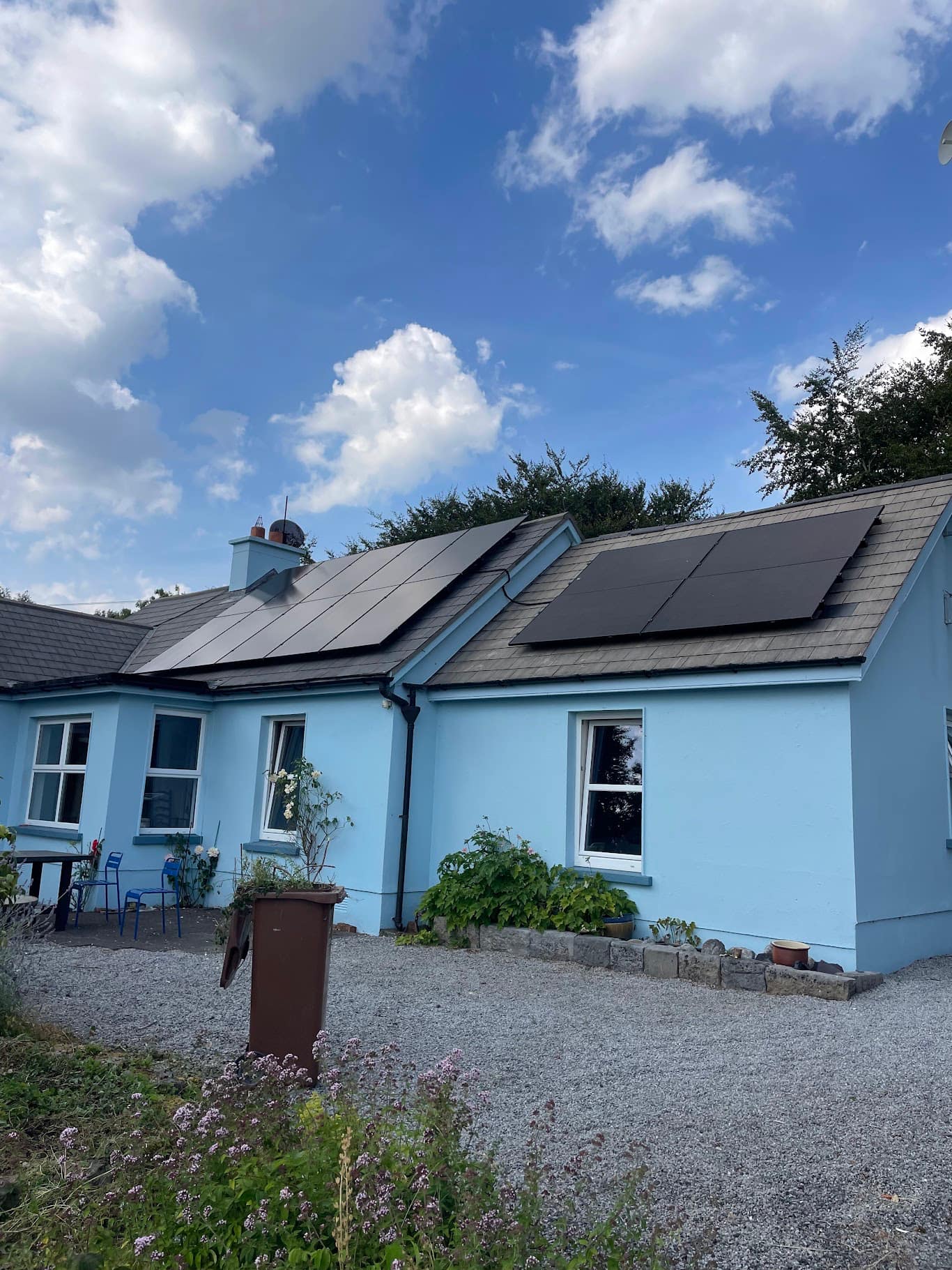Solar panels installed on a blue residential home