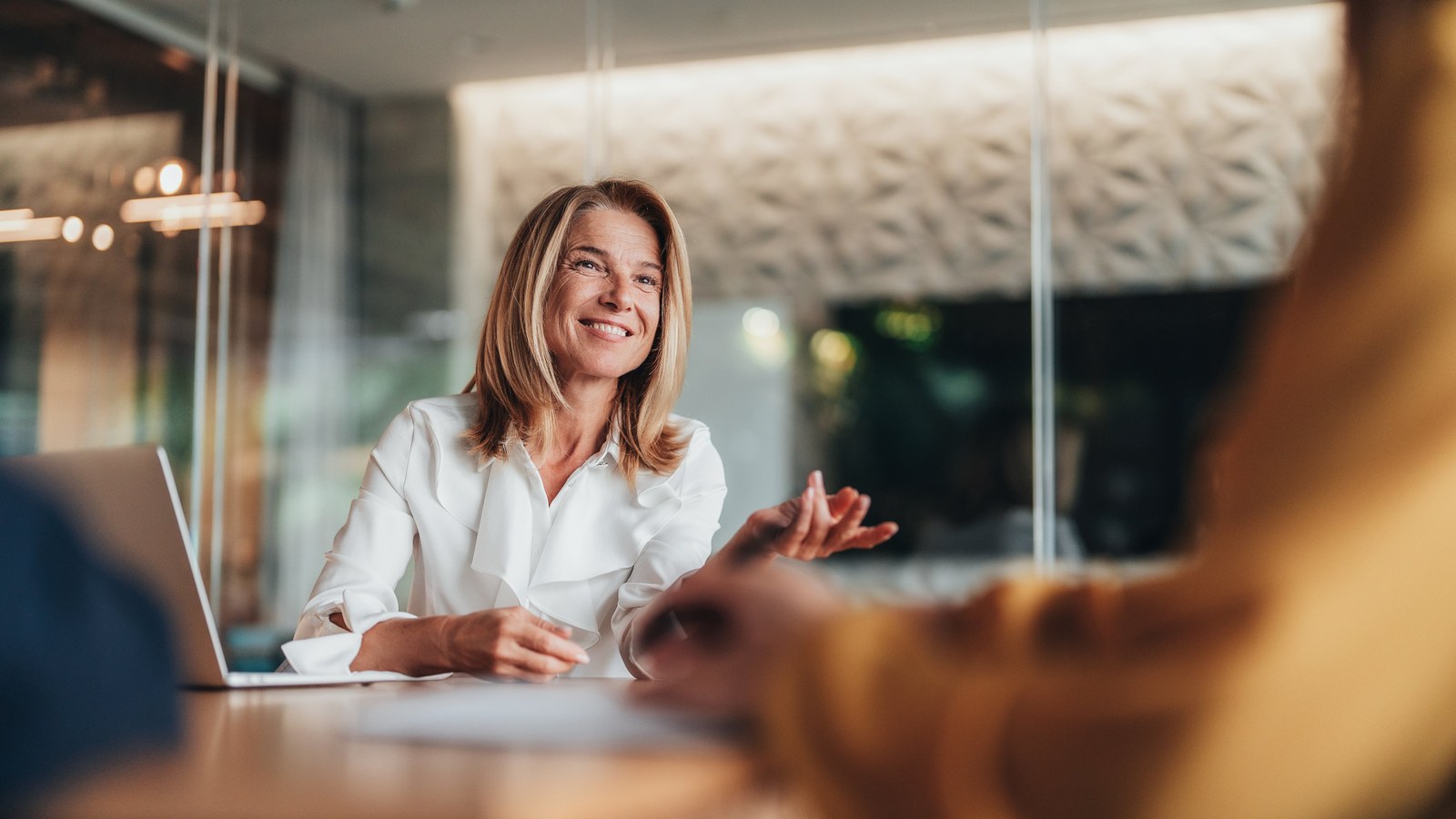 Accountant consulting with a client in a modern office.