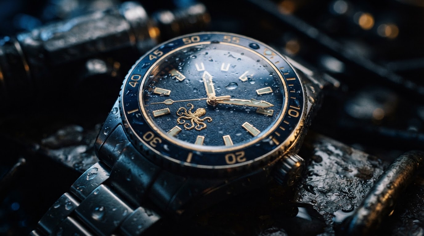 DMI Timepiece — macro of a premium luxury wristwatch face in cinematic blue-and-gold lighting