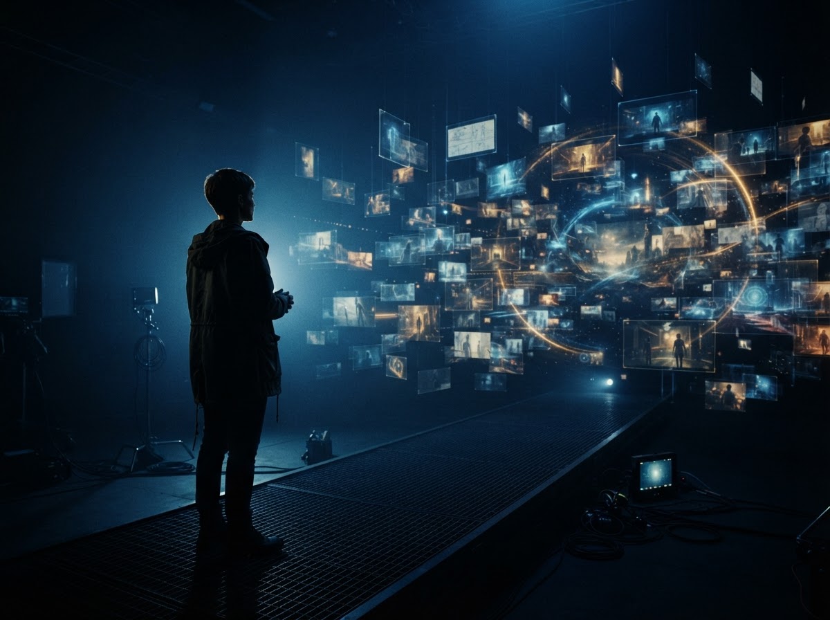 A filmmaker overlooking an emerging cinematic universe of storyboards, frames and interconnected scenes
