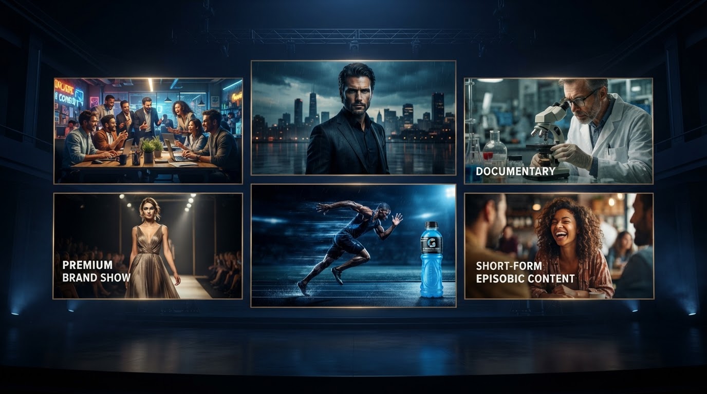 Concept Preview: a cinematic streaming-platform marquee showcasing distinct fictional branded-entertainment genres