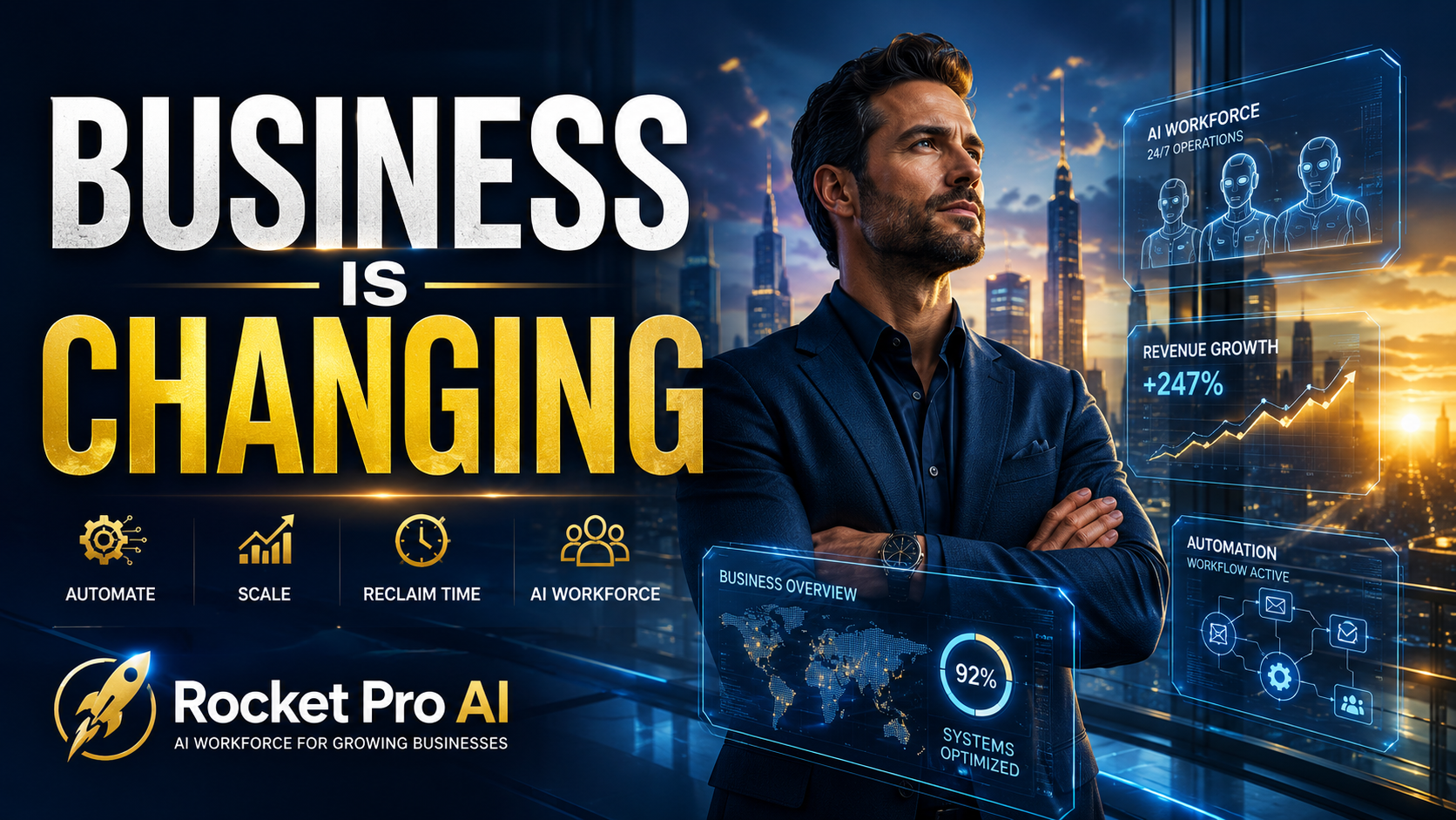 Business Is Changing — Rocket Pro AI business automation and AI workforce cinematic video.