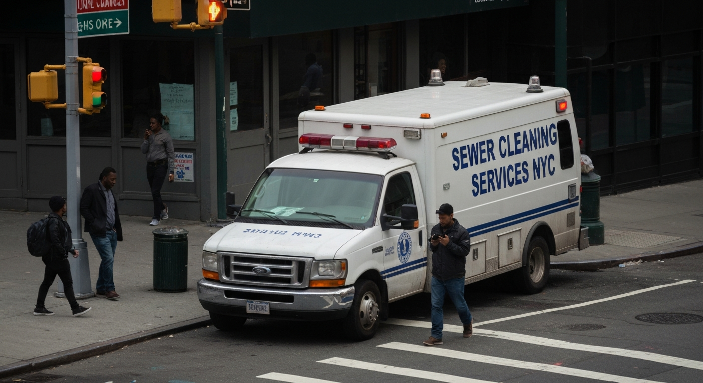 Emergency sewer service van parked on a city street in NYC — Sewer Cleaning Services NYC