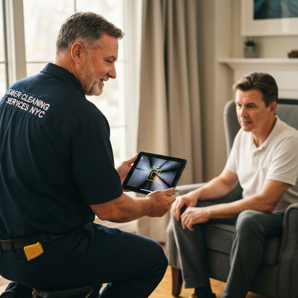 Licensed plumber showing a high-resolution sewer camera inspection feed to a homeowner to accurately diagnose a main line clog — Sewer Cleaning Services NYC
