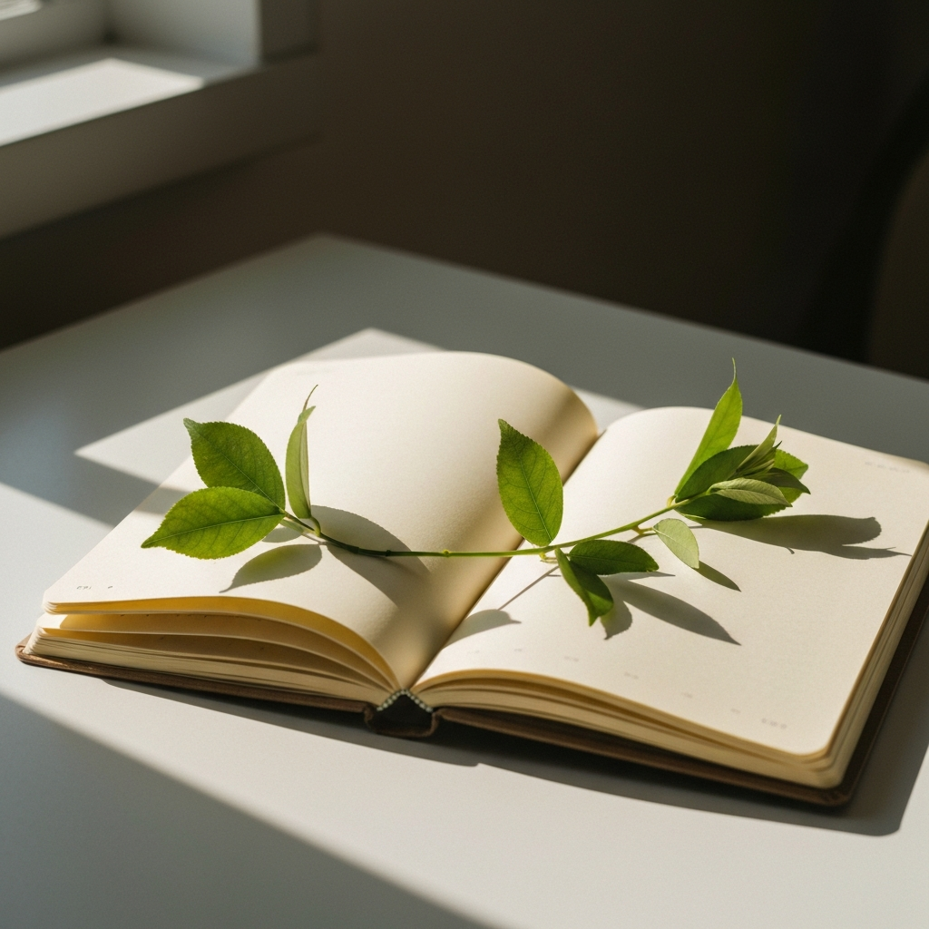 Open notebook with leaves
