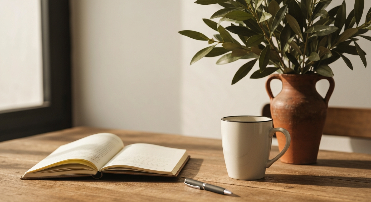 Coffee, notebook and leaves on a table