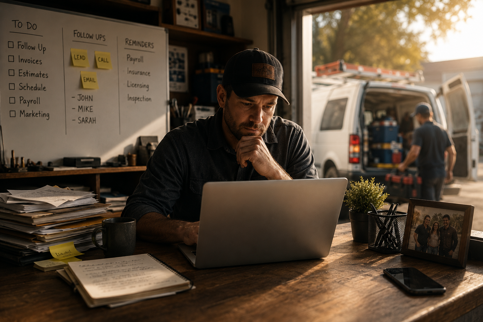 Small business owner working at desk with laptop