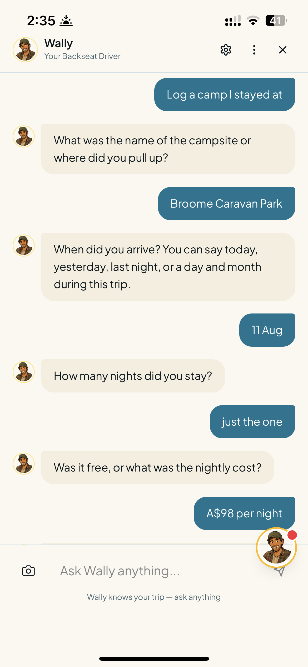 Wally chat screenshot