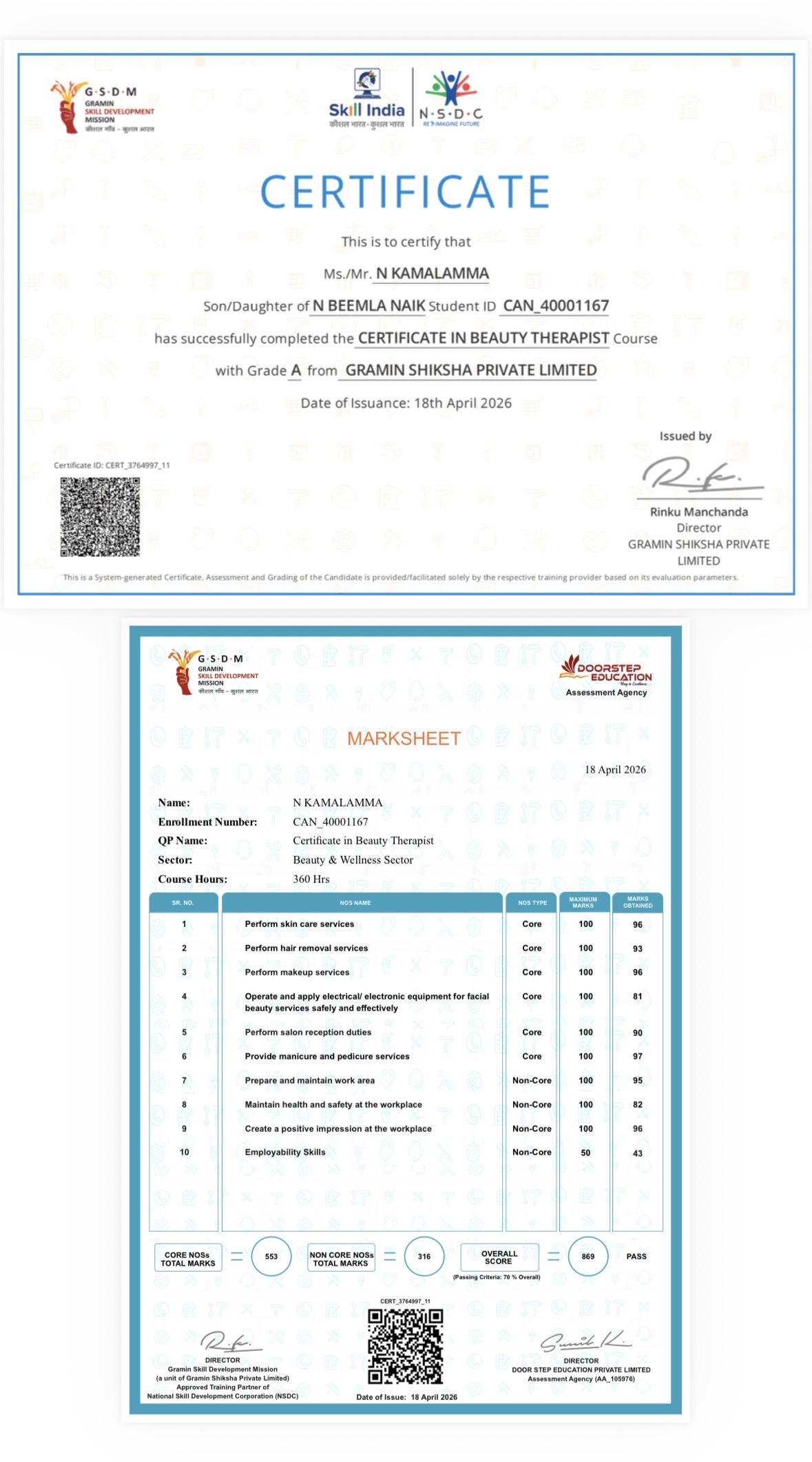 Sample Skill India Marksheet