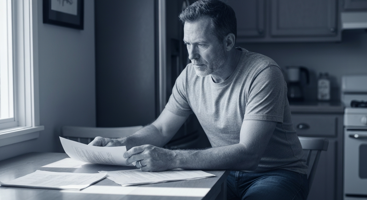 Veteran reviewing life insurance documents, considering financial options and coverage needs.