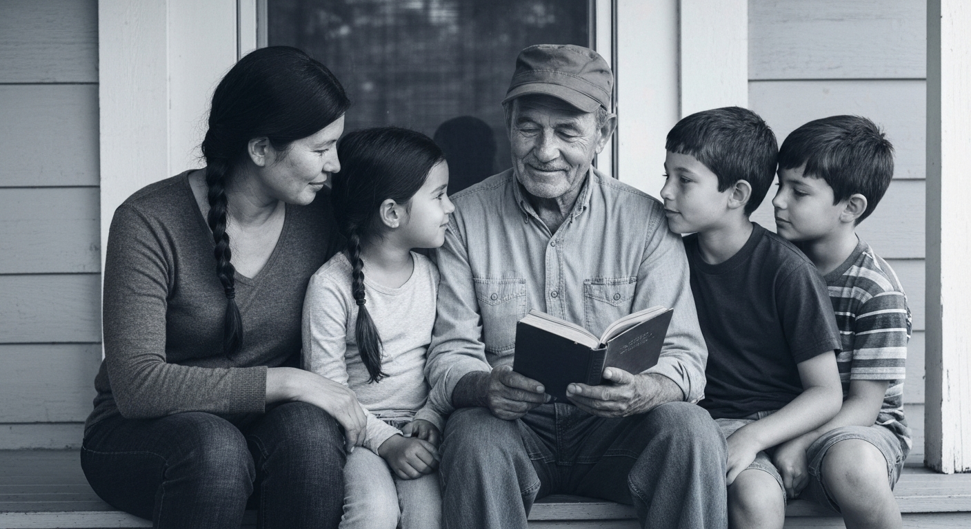 Veteran and family reading book together, representing military family guidance and life insurance planning.