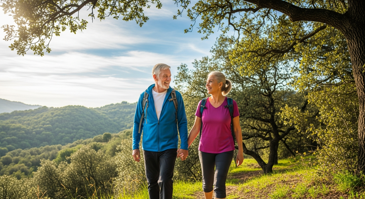 Active and healthy older couple walking outdoors