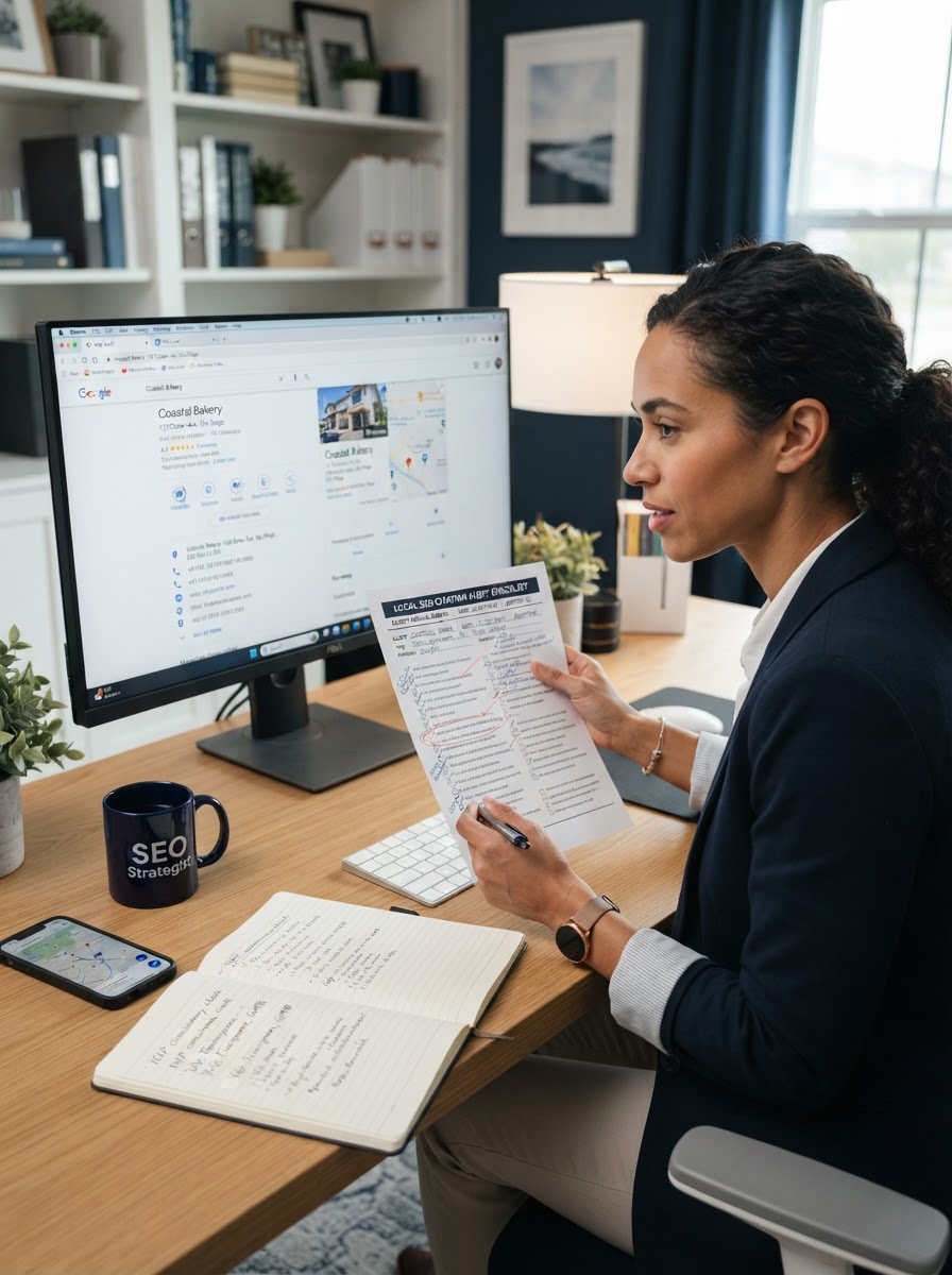 Consultant comparing citation checklist against Google Maps listings during a full Local SEO Audit