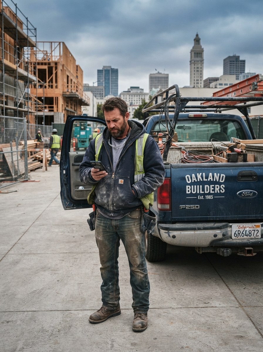 Contractor checking missed call text messages on phone near job site truck