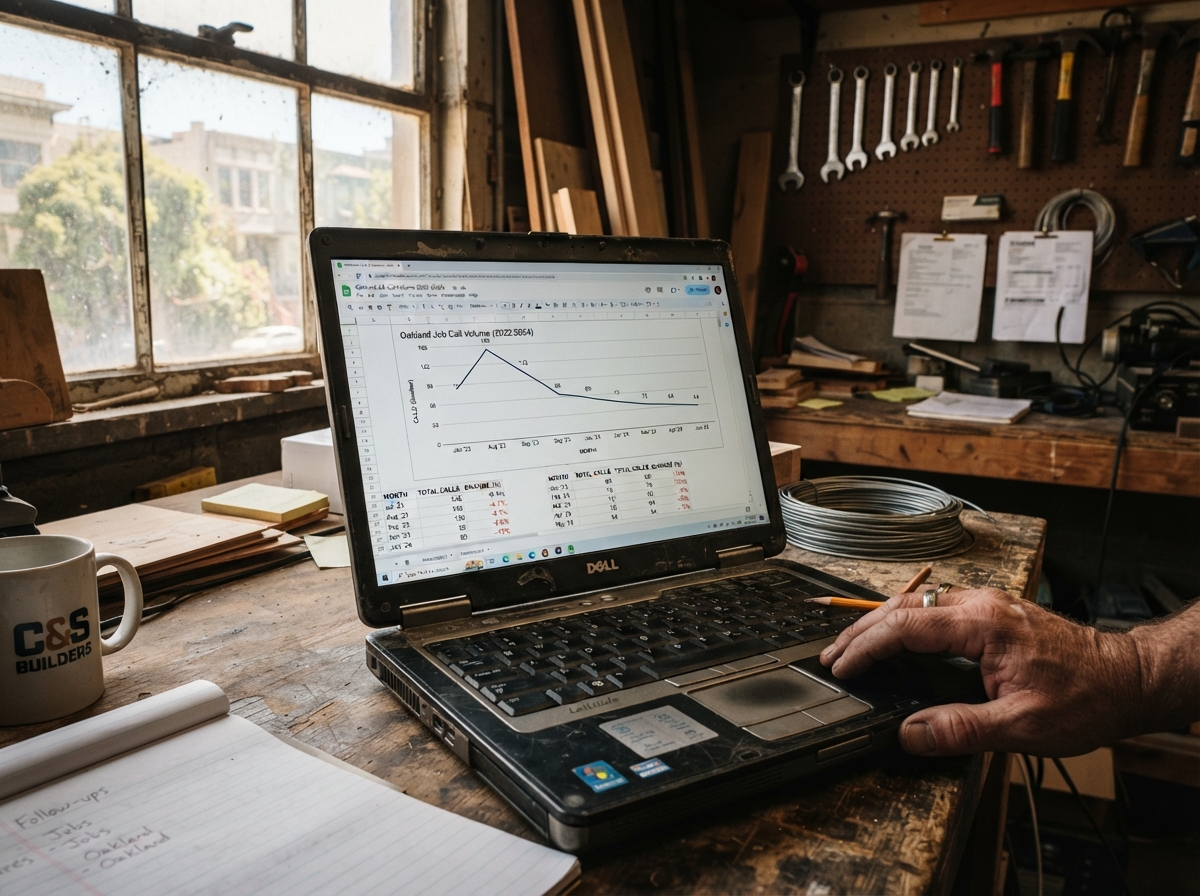 Laptop showing declining call data in an Oakland contractor's garage office