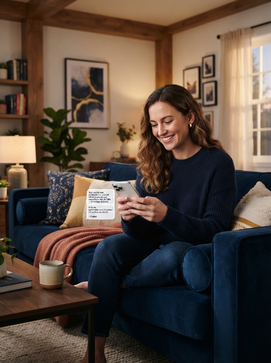 chatbot-customer-followup-home-oakland Customer checks phone confirmation from AI website chatbot lead at Oakland home