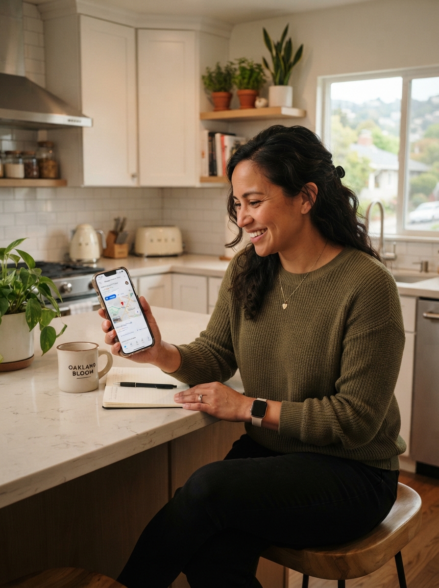 local-search-ranking-check-home-oakland Business owner checking Google Maps ranking at home in Oakland