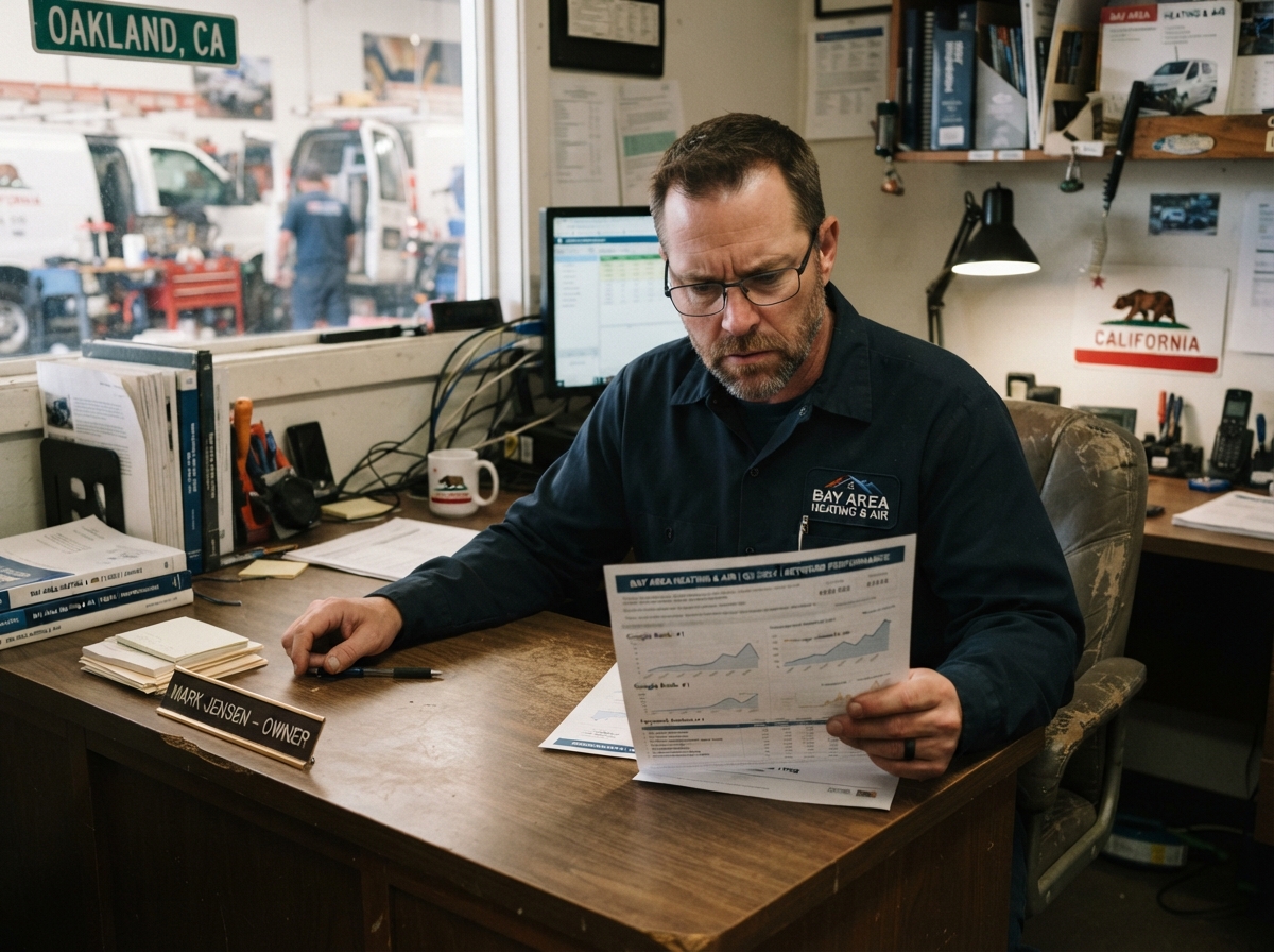 HVAC business owner reviews search ranking report in Oakland shop office