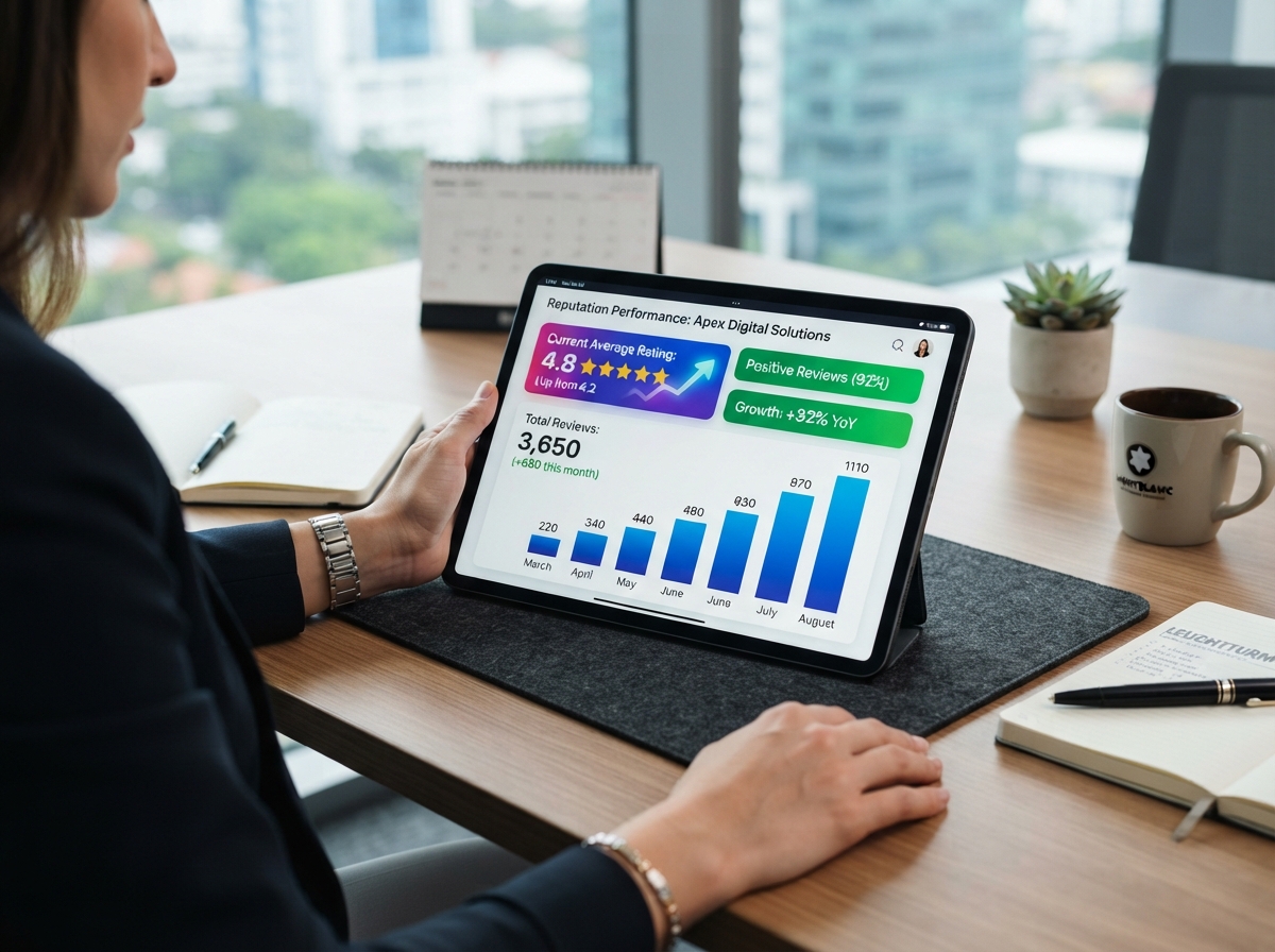 Tablet shows improved star ratings after reputation management service completion in office