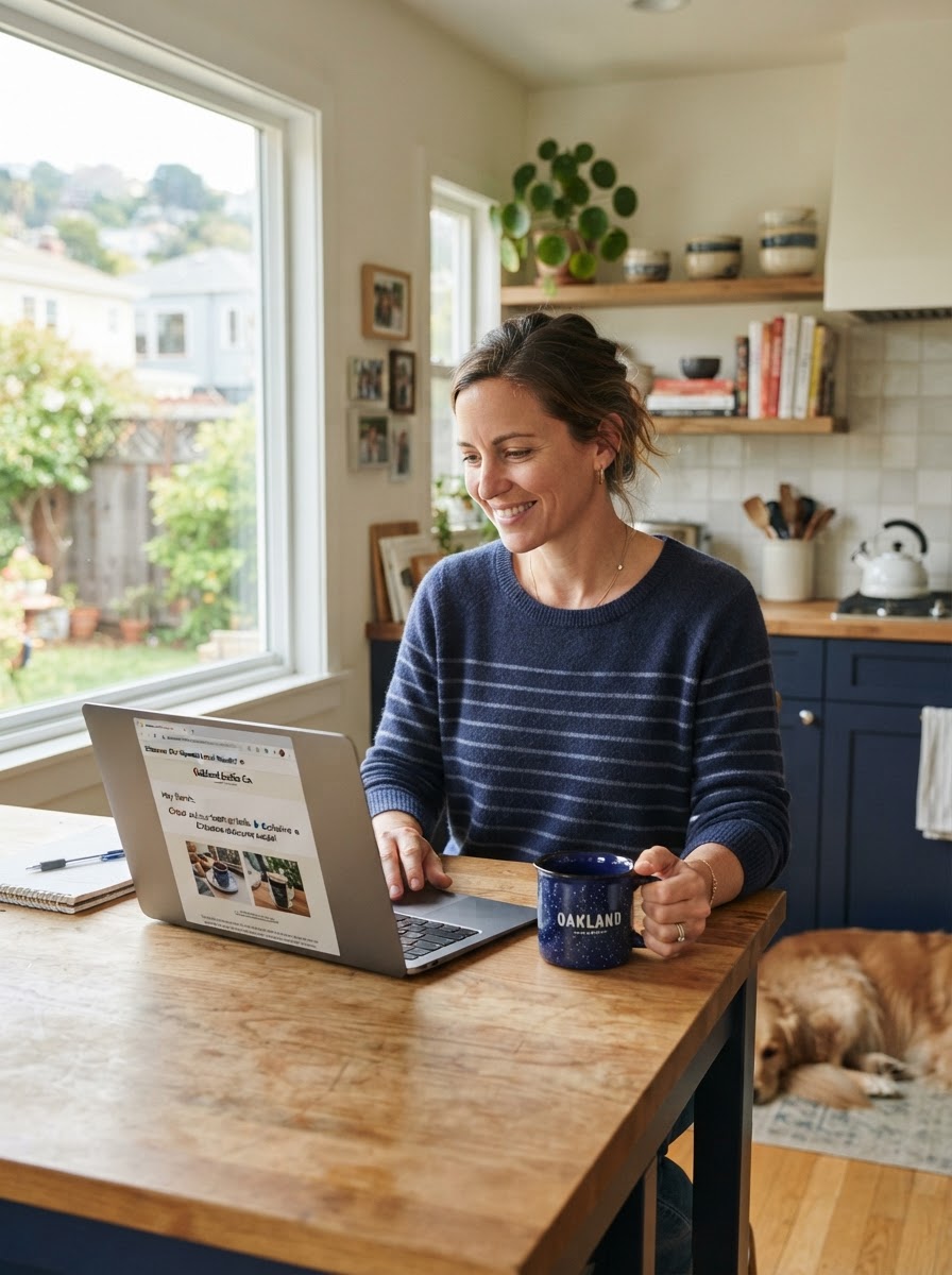 Customer reading an email marketing message on a laptop in an Oakland home kitchen