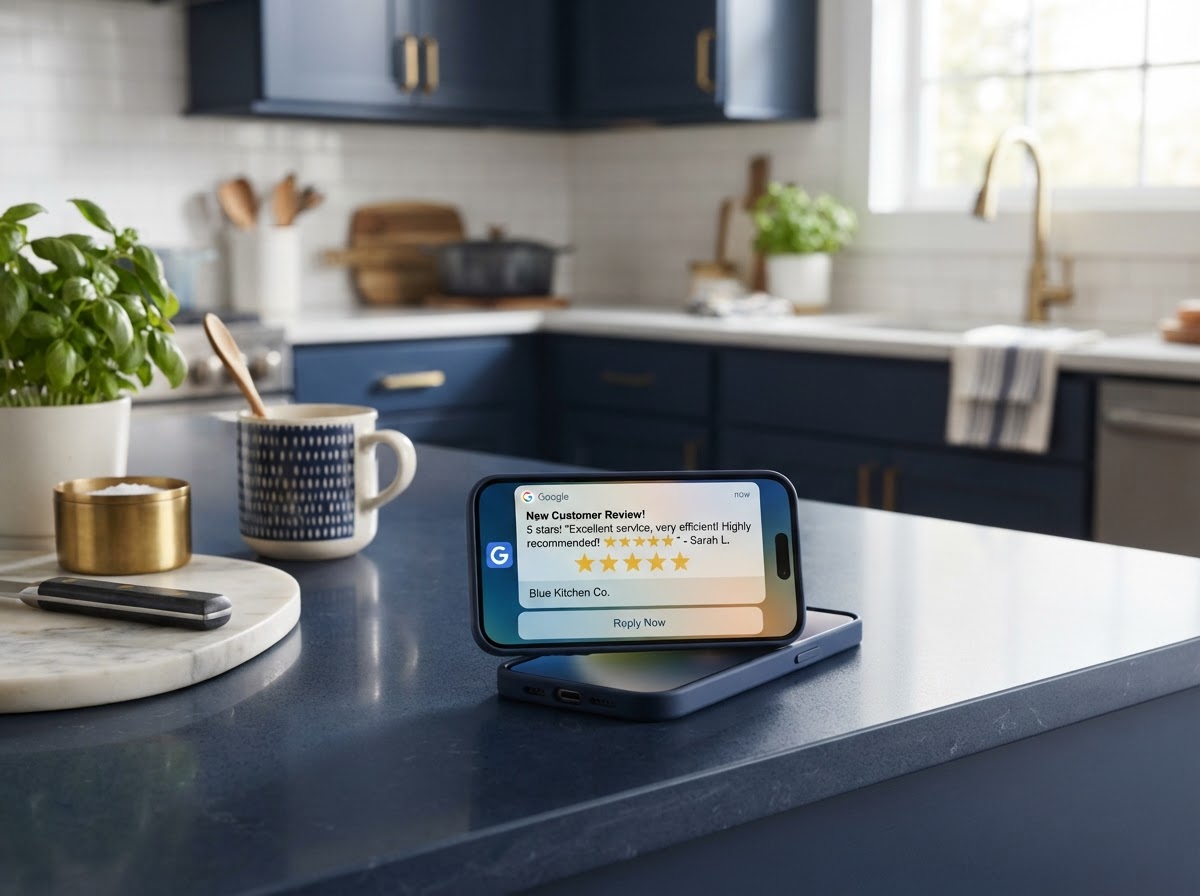 customer-review-notification-kitchen-counter-2525-oliver-ave Smartphone showing review notification at home kitchen counter for Oakland business SEO