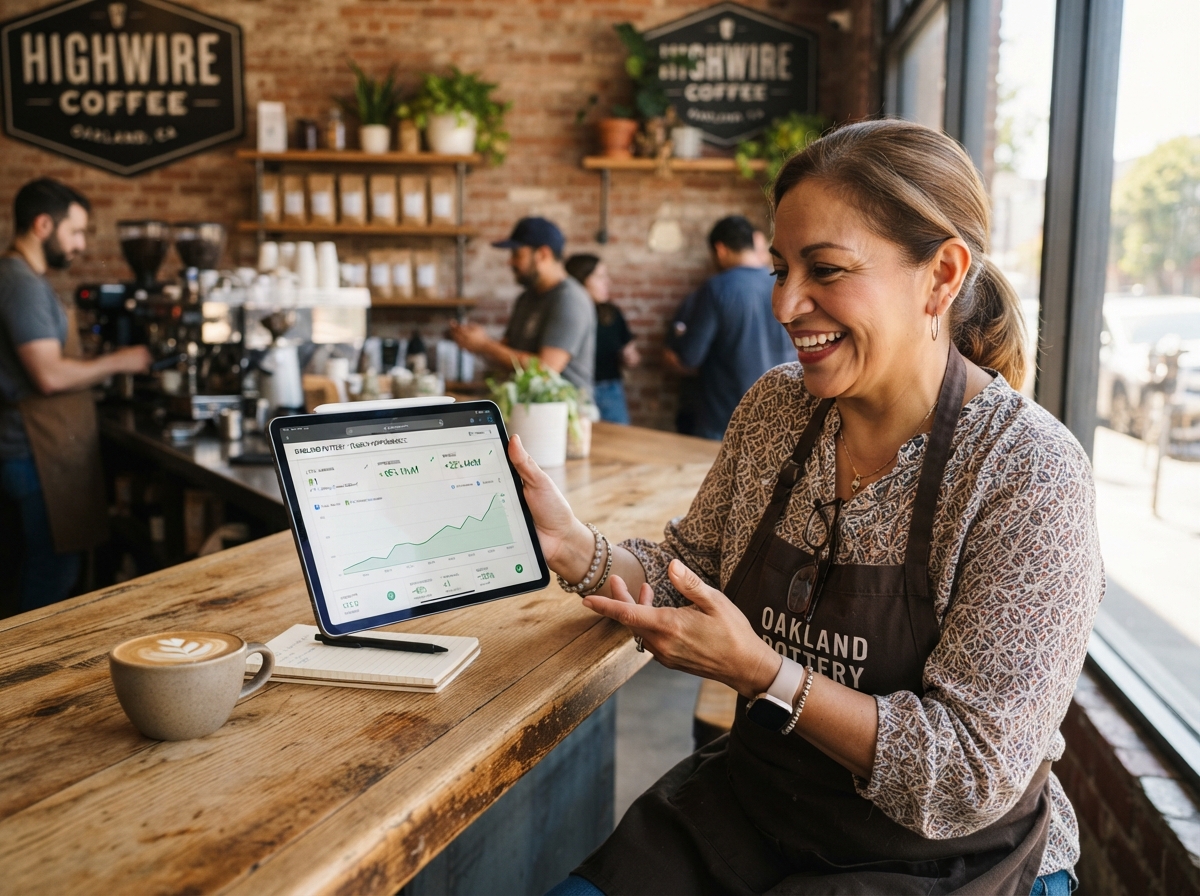 local-seo-results-business-owner-oakland-cafe Oakland business owner reviewing improved local search ranking results on tablet