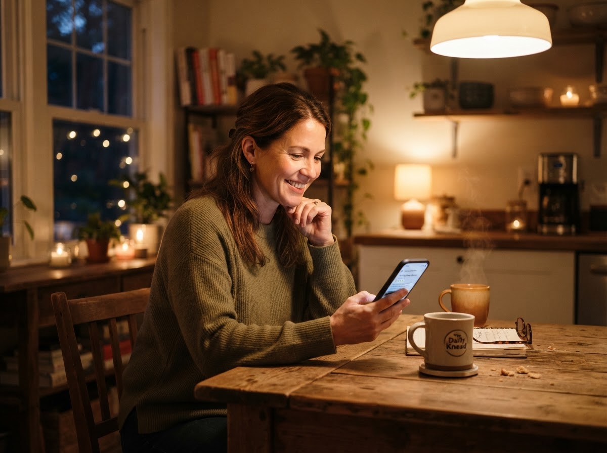 Business owner checks new review notification at home kitchen table in the evening