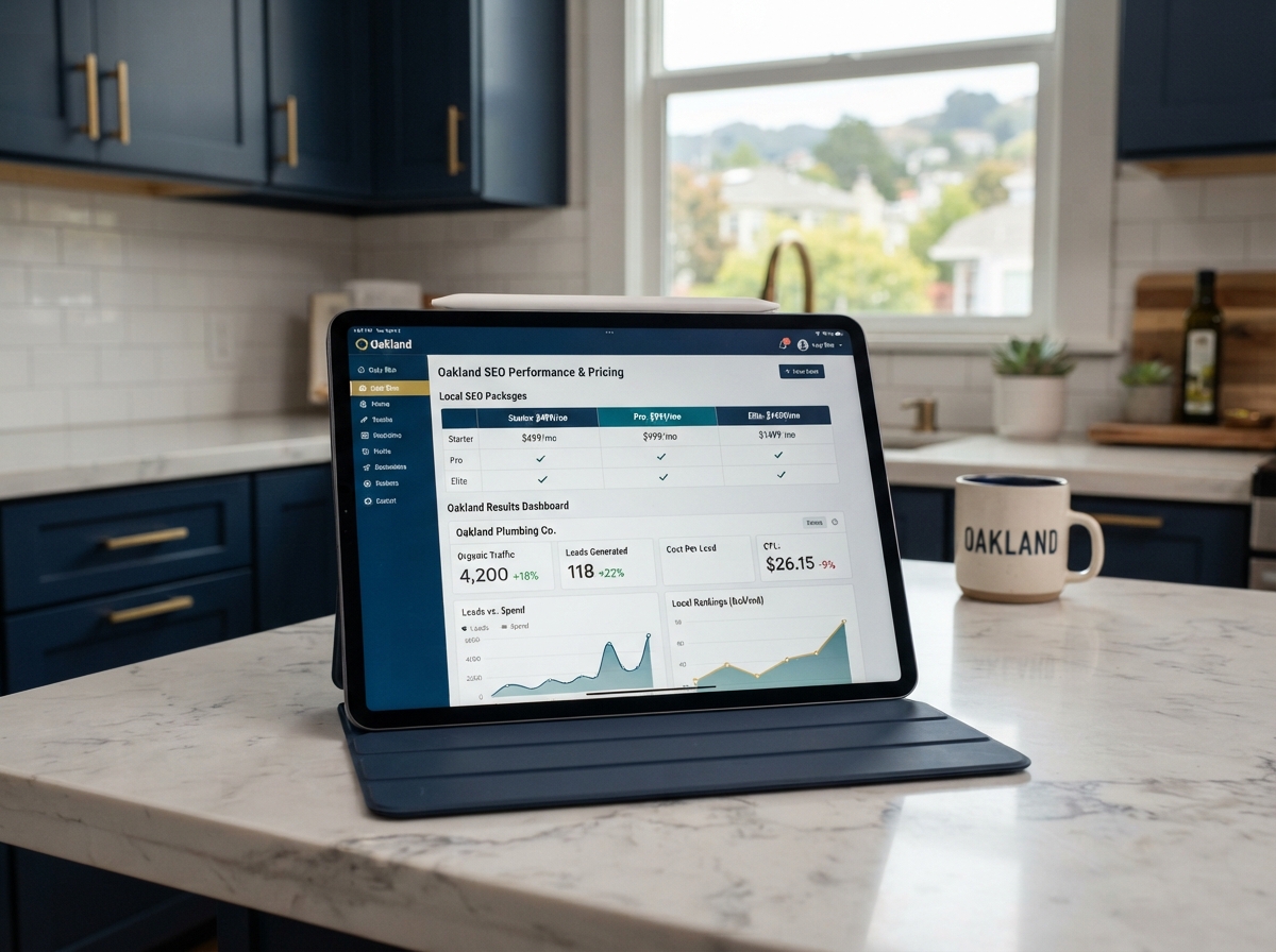 local-seo-pricing-results-tablet-oakland Tablet showing Oakland local SEO pricing and lead cost results on kitchen counter