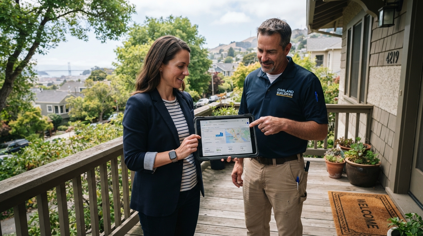 Consultant and contractor review local search visibility data outside an Oakland home