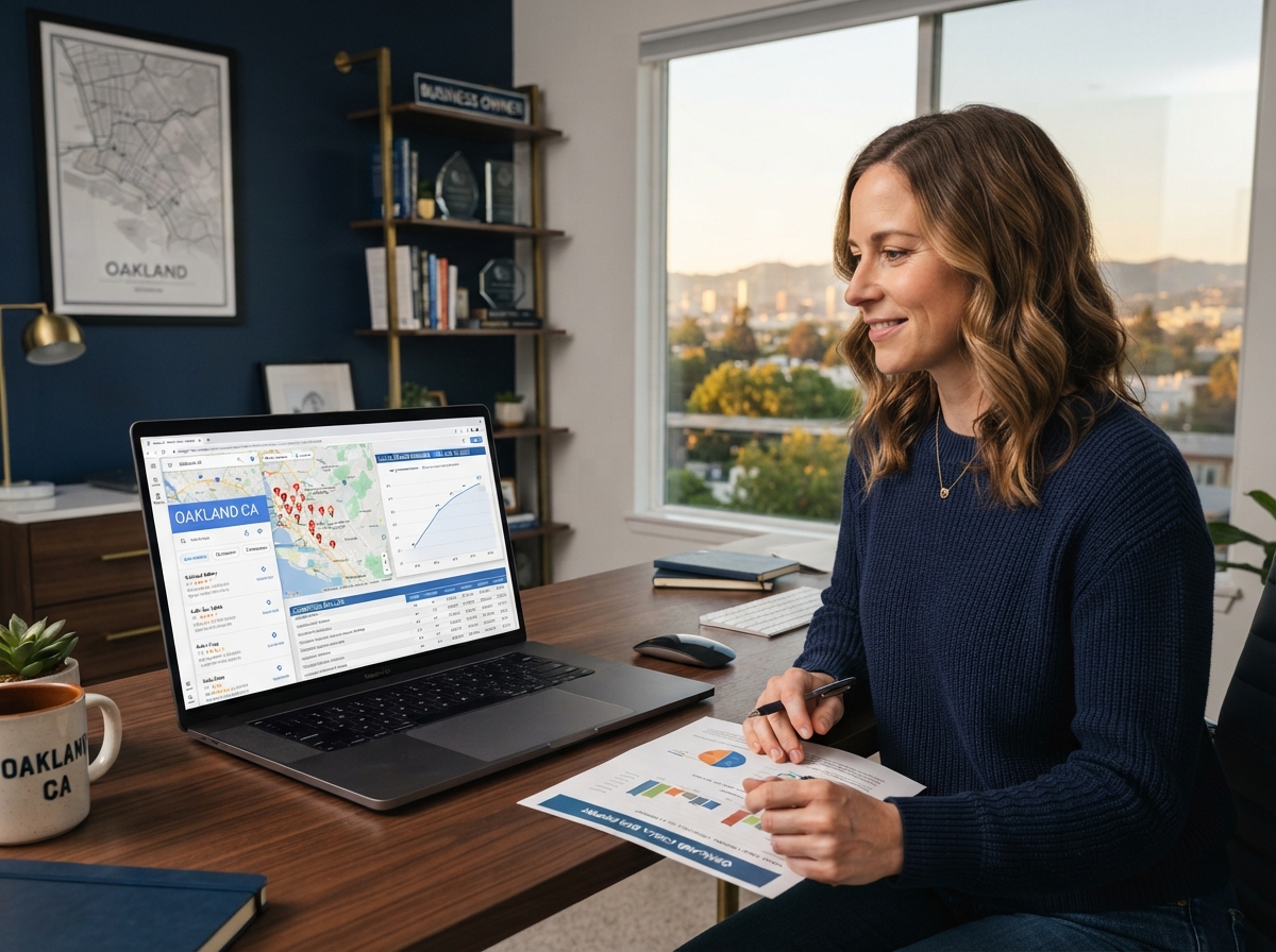 google-maps-audit-report-review-2525-oliver-ave Business owner reviewing local search ranking report at home office desk in Oakland