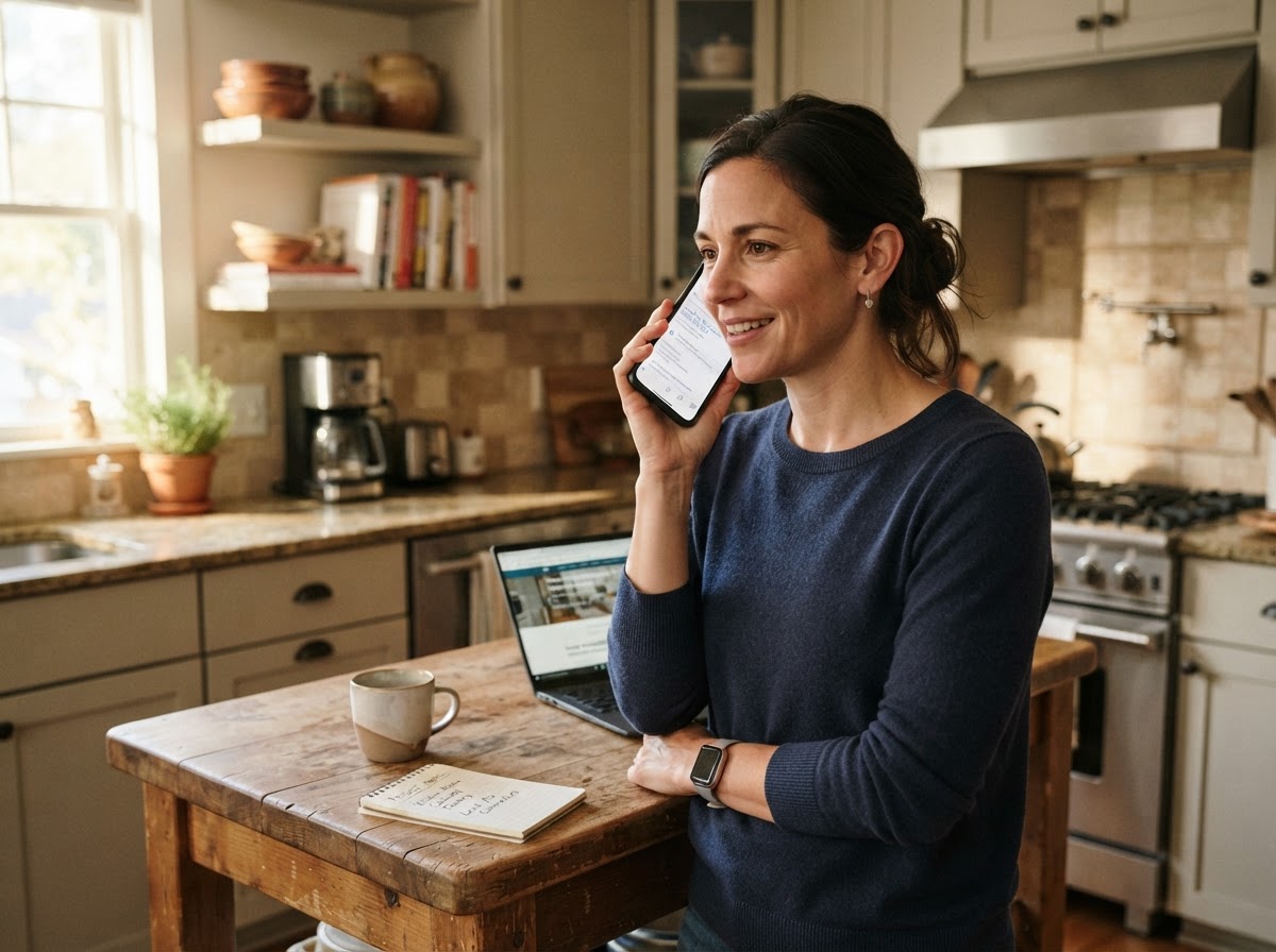 seo-for-contractors-homeowner-calling-oakland Homeowner calling contractor after finding business online in kitchen setting