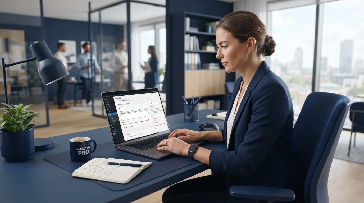 Marketer editing on-page SEO title tags on laptop at Oakland office