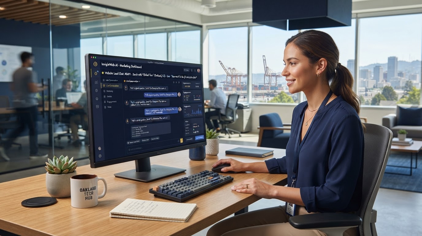 ai-website-chatbot-office-setup-oakland Marketing specialist monitors AI website chatbot conversation on desktop in Oakland office
