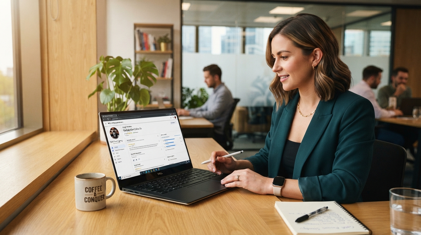 Consultant reviews Google Business Profile reviews for reputation management client in office