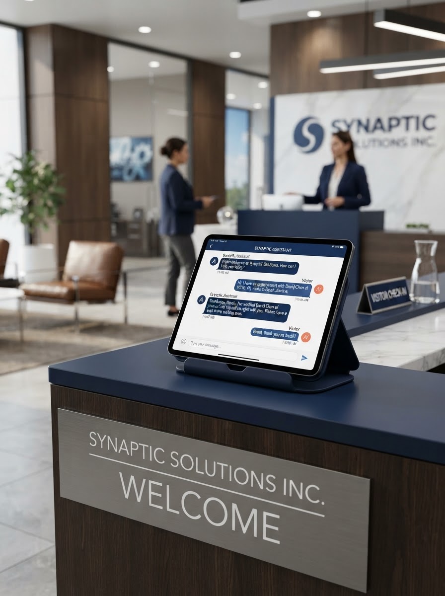 chatbot-lead-result-reception-counter-oakland Completed chatbot conversation shown on tablet at Oakland business reception counter