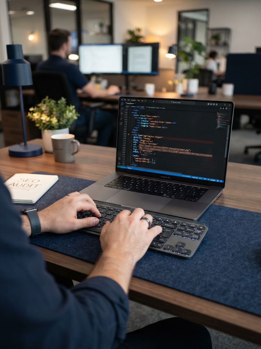 Close-up of hands fixing website code errors during technical SEO audit