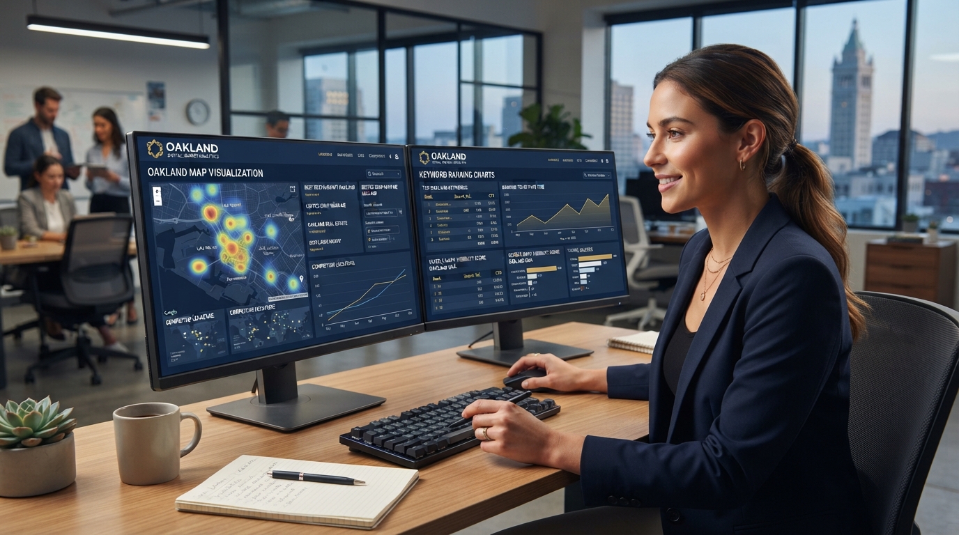 keyword-research-oakland-google-maps-analysis-office Analyst reviewing Oakland Google Maps keyword data on office monitors