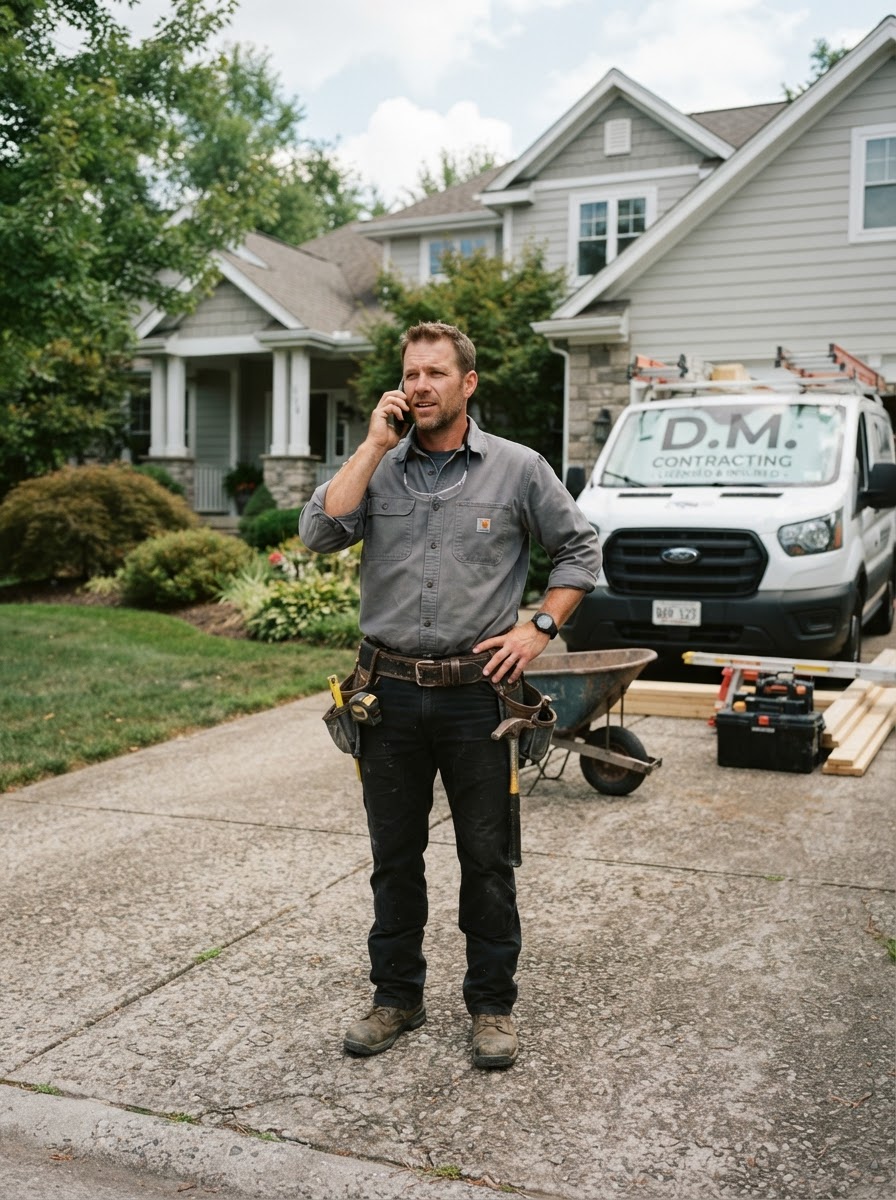Contractor on phone call outside home, AI voice receptionist support in Oakland