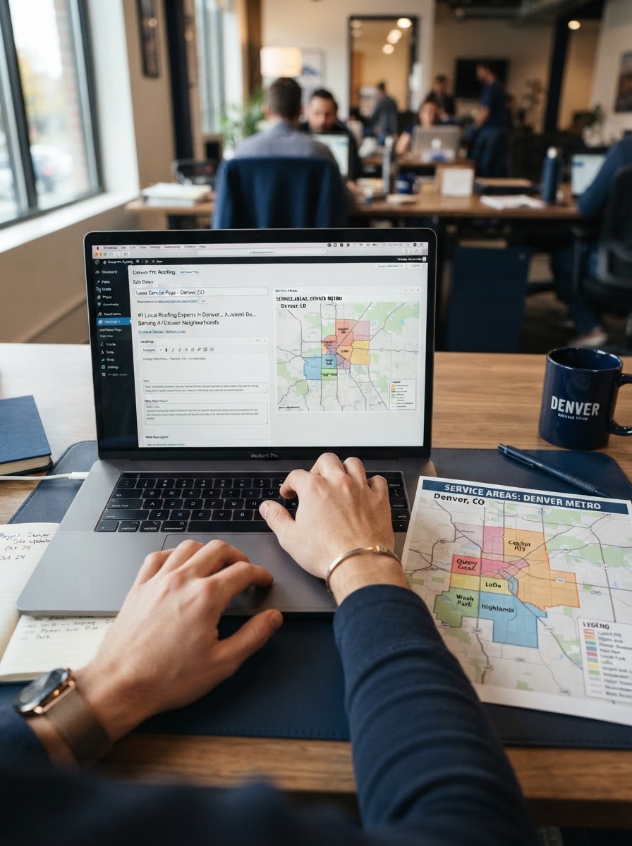 service-area-page-editing-closeup-oakland Hands editing local landing page content beside a city service-area map