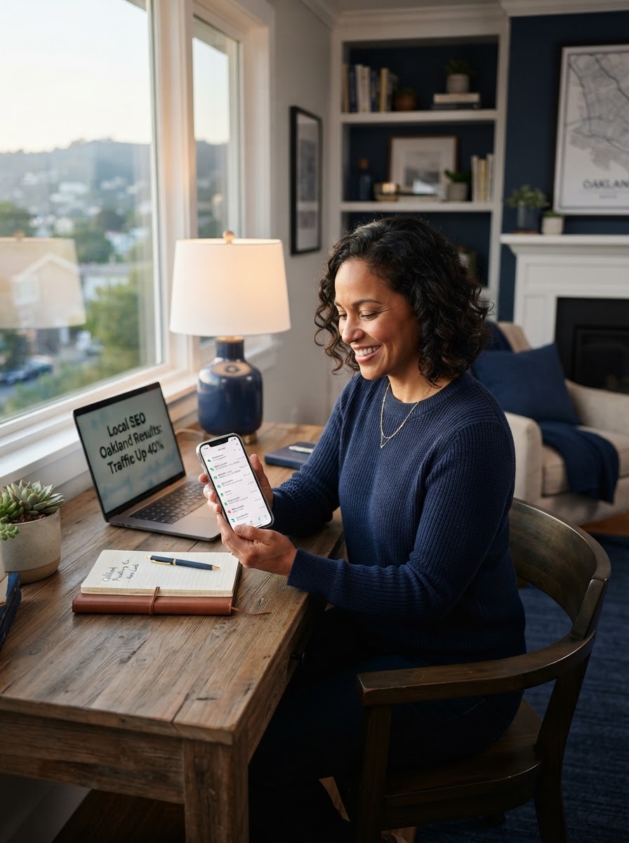 Business owner checking new customer calls at home after Local SEO improvements in Oakland CA