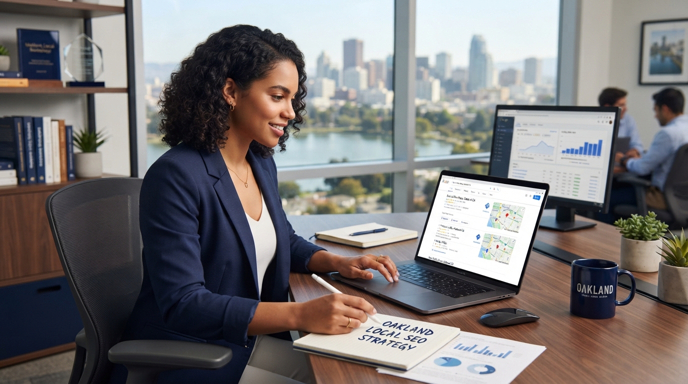 Marketer reviewing Google Business Profile map pack data for Local SEO in Oakland CA