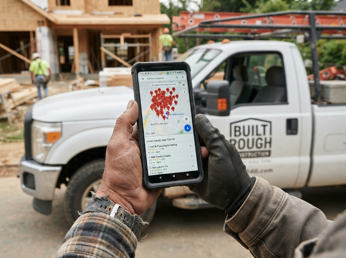 seo-for-contractors-map-pack-visibility-oakland Contractor's hand holding phone showing map pin cluster near job site truck