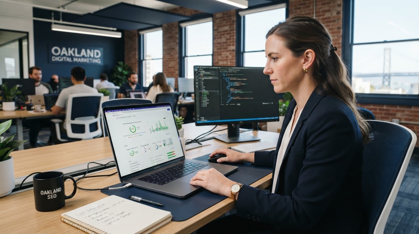 Technical SEO specialist reviewing website speed data at Oakland office
