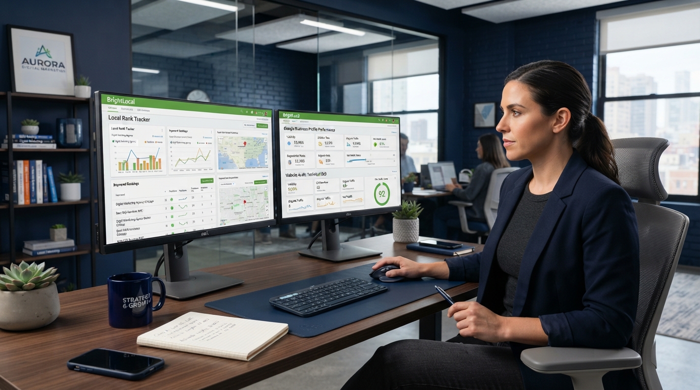 website-seo-consultant-local-search-dashboard-oakland Marketing consultant reviewing local search rankings for a Website SEO Audit in Oakland