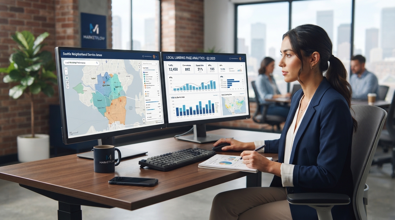 local-landing-page-optimization-map-audit-oakland Marketer reviewing local landing page map data on dual monitors in an Oakland office