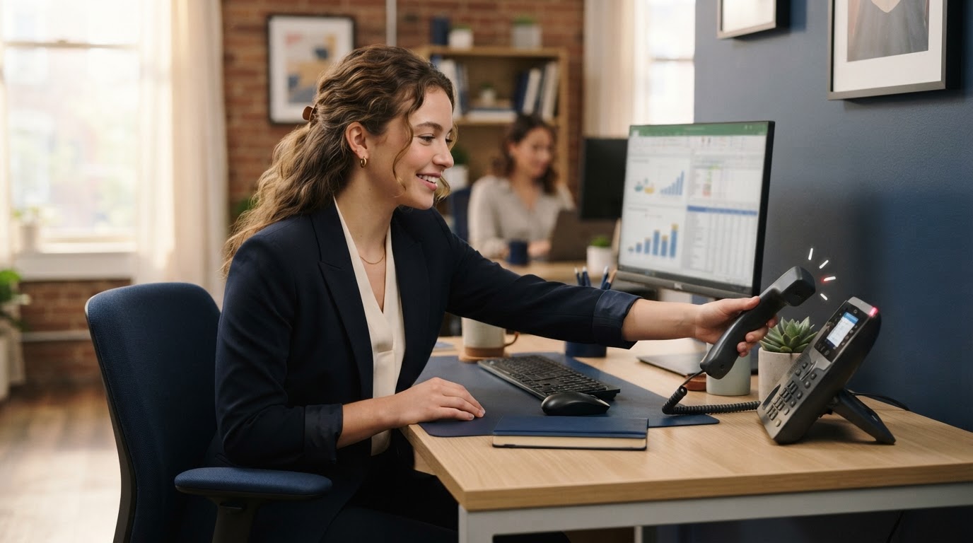 Office worker reaching for ringing phone, AI voice receptionist service in Oakland