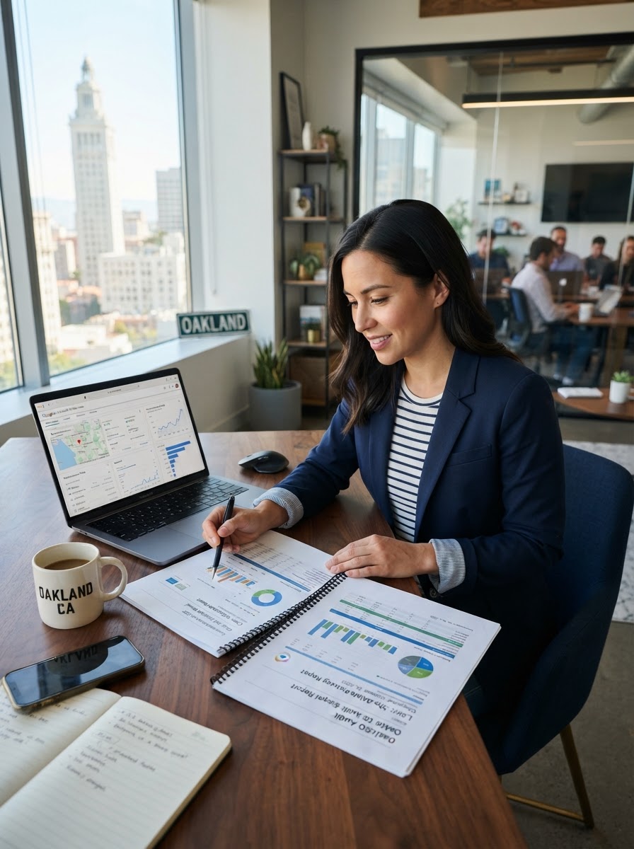 Marketer checking completed Local SEO audit report at office table in Oakland CA