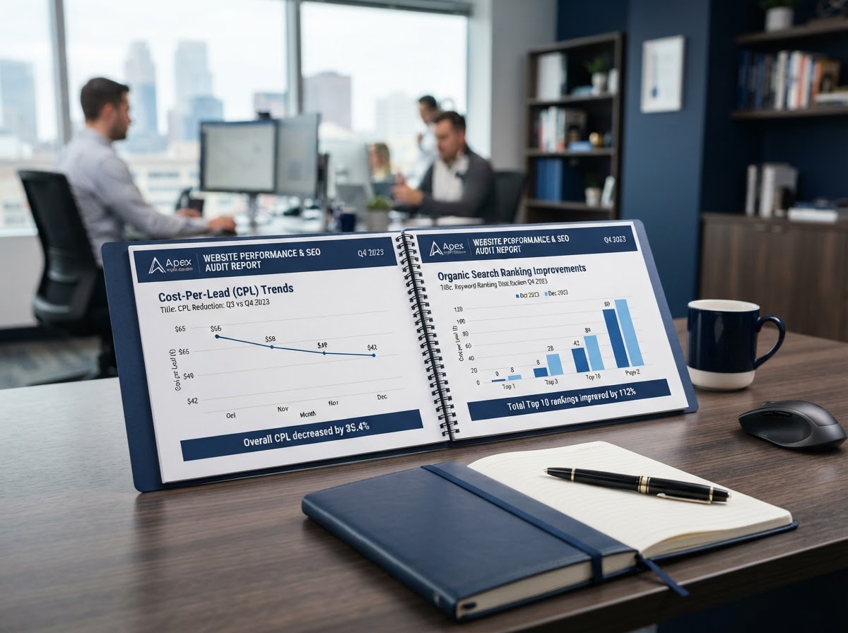 website-audit-report-cost-per-lead-results-oakland Completed website audit report with cost-per-lead charts for an Oakland marketing client