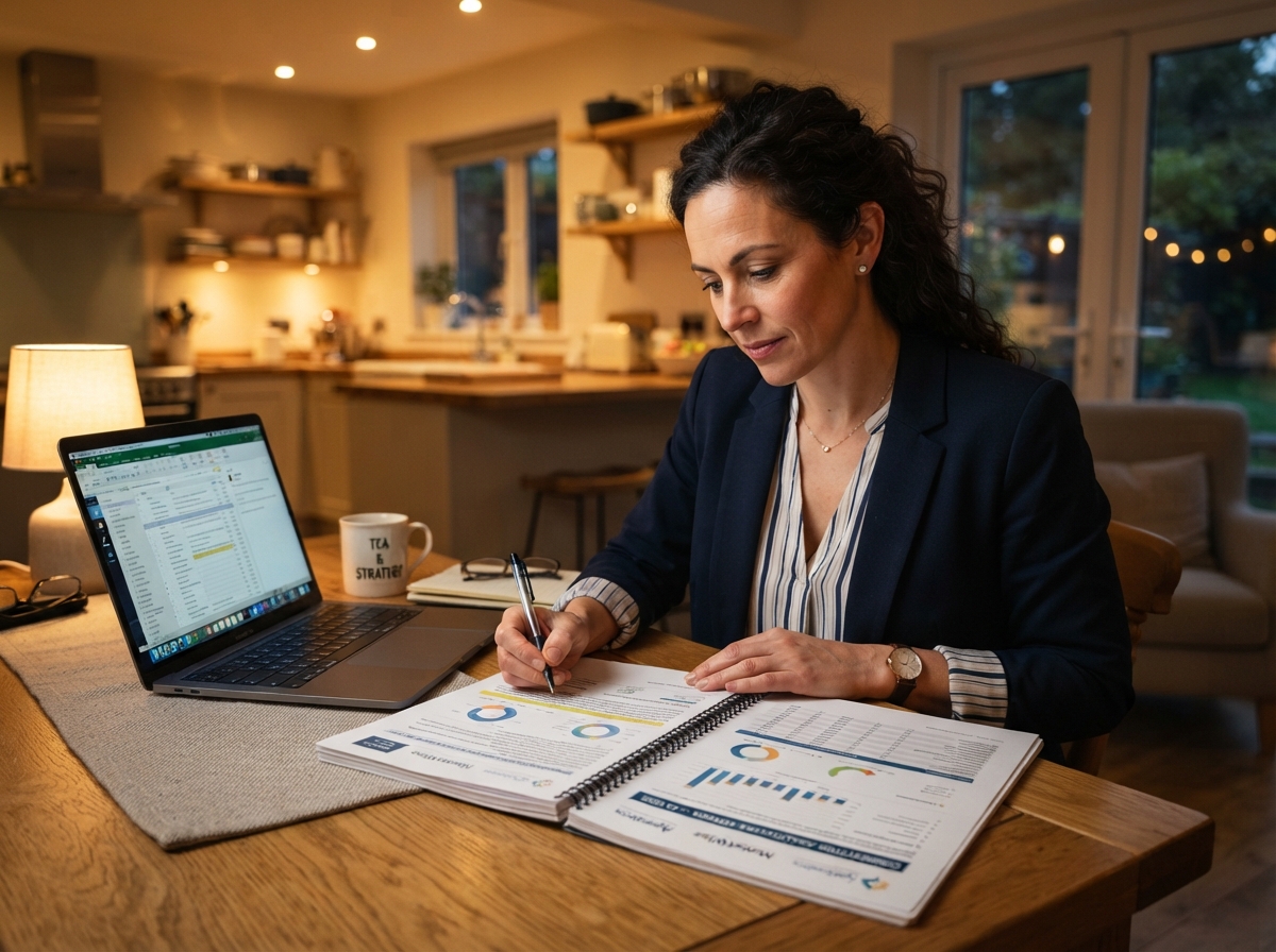 competitor-analysis-report-home-review-oakland Oakland business owner reviewing competitor analysis report at home kitchen table